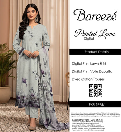 Bareezé printed lawn shirt, voille dupatta, dyed cotton trouser