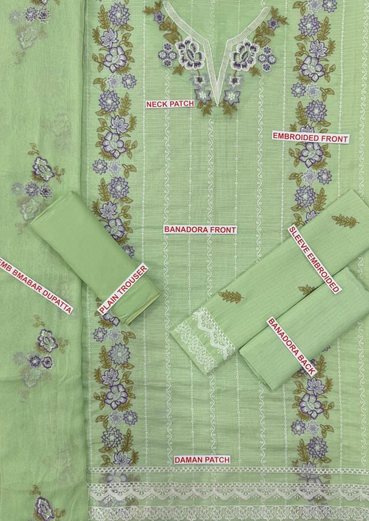 BANADORA LAWN 100-100*
3pc embroidered**Neck,Daman patch embroidered*