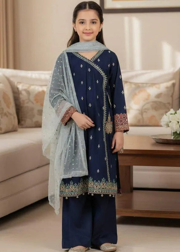 Blue lawn embroidered Girls suit 3pcs