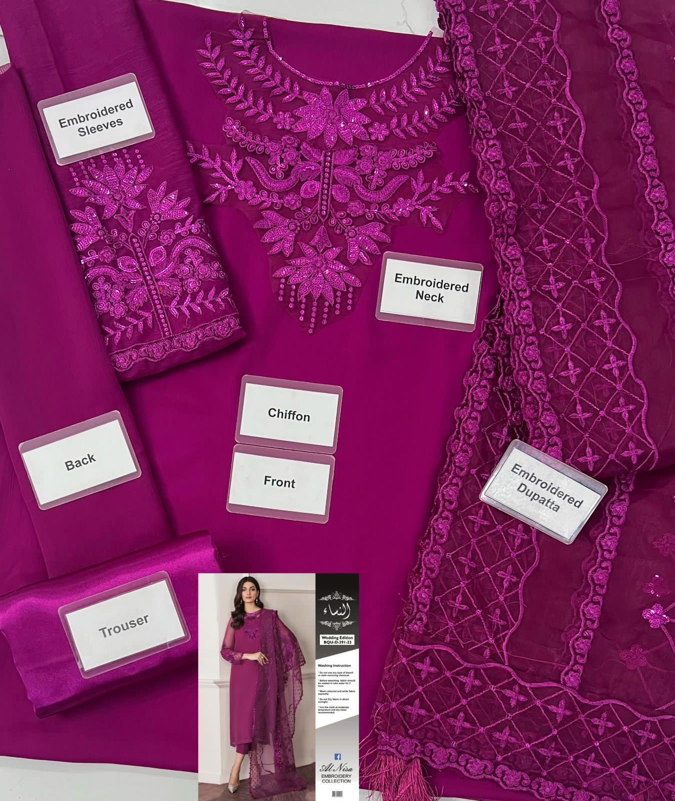 Baroque- chiffon embriodred Neck Patch & Chiffon Sleeves