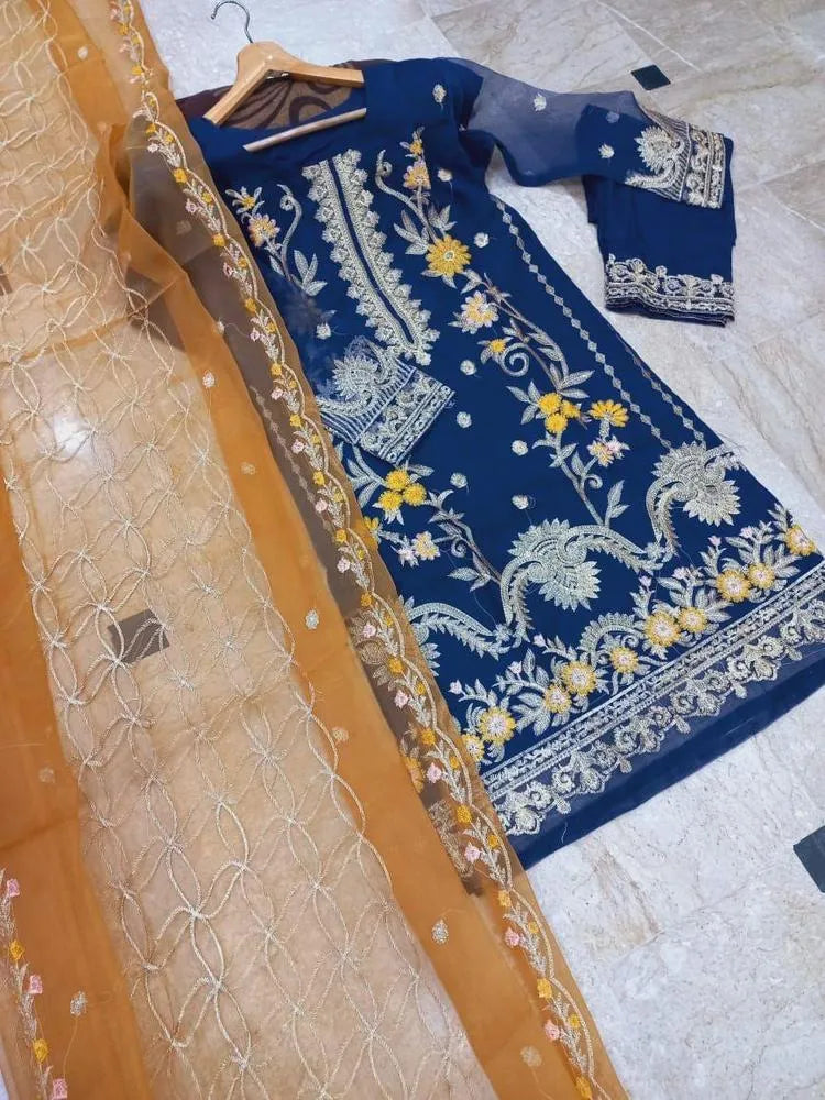 Women's stitched organza embroidered dress 3pcs