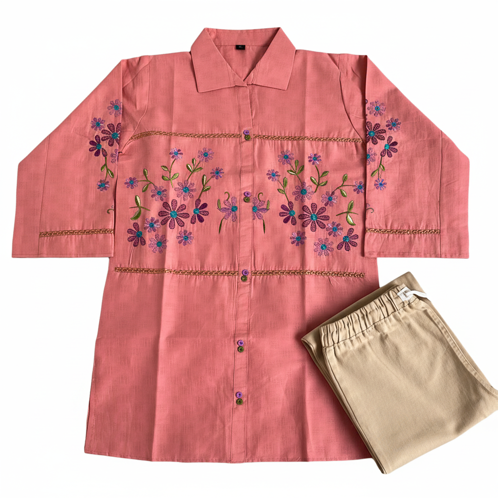 Summer Cotton Embroided Top with baggy jeans.