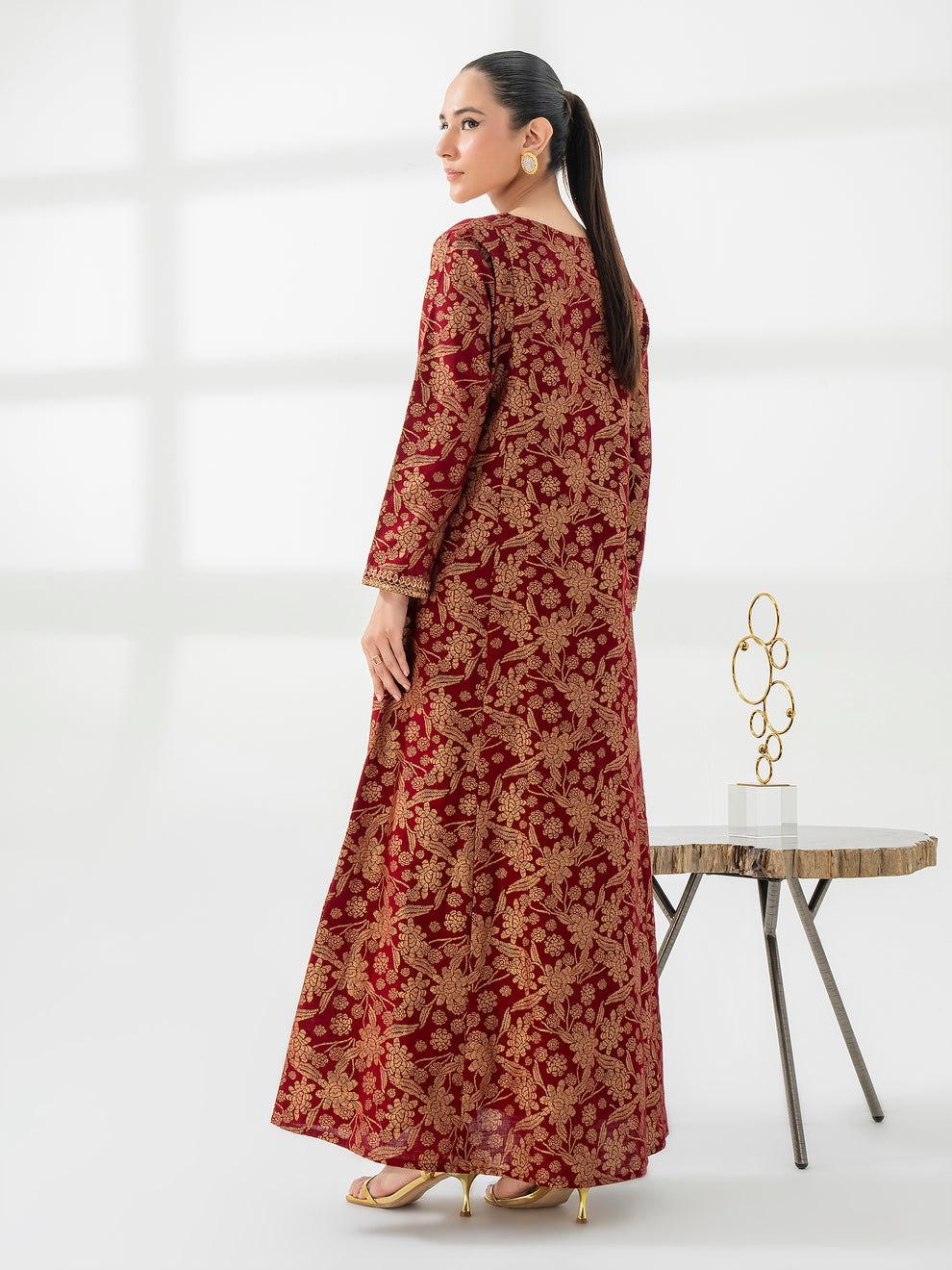 Red-Gold Khaddar Angrakha- Embroidered pret Hot Sale!