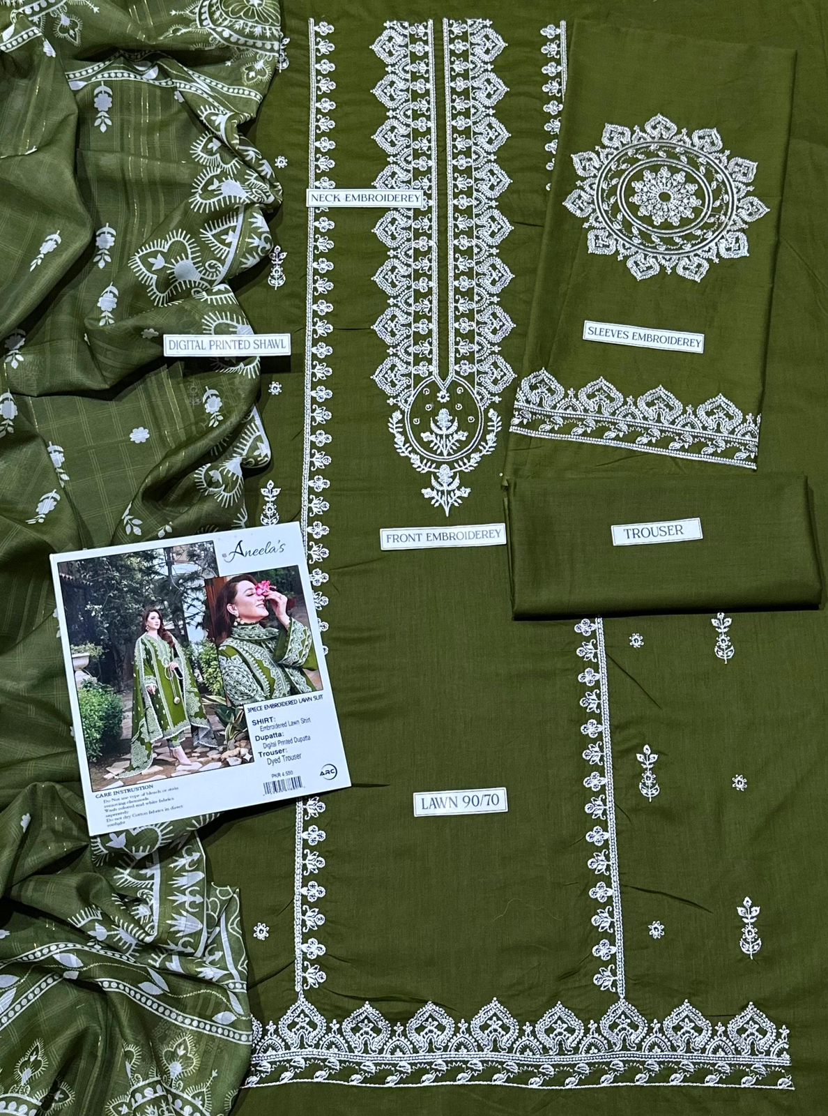 Aneela's  Embroidered lawn  3Pcs, vibrant olive colour