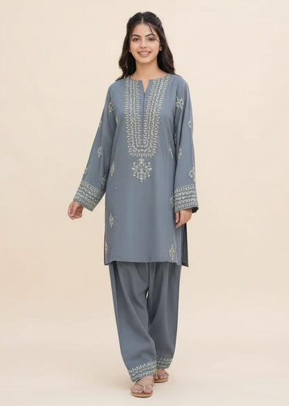 Grey shamoz embroidered kurta shalwar 6-12 years