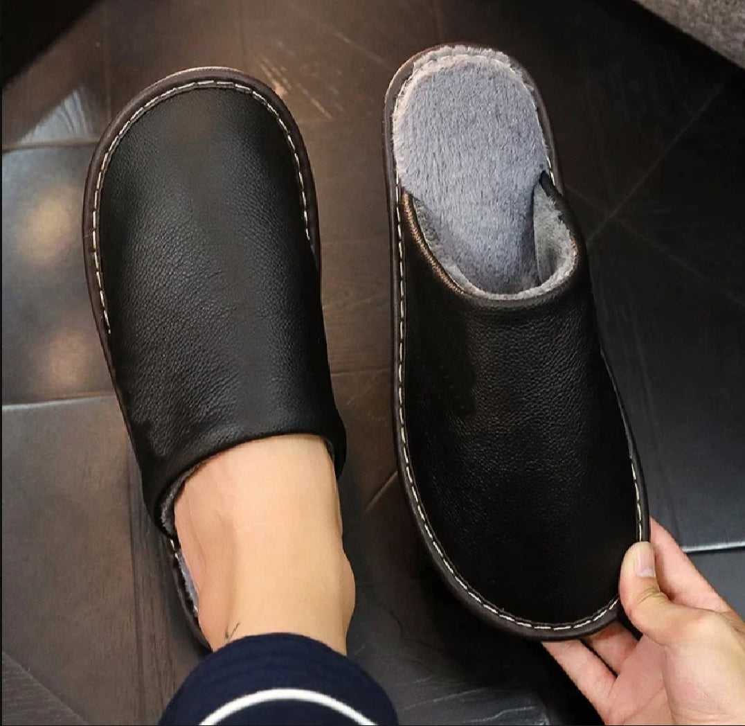 Leather winter warm shoes, non slipper,