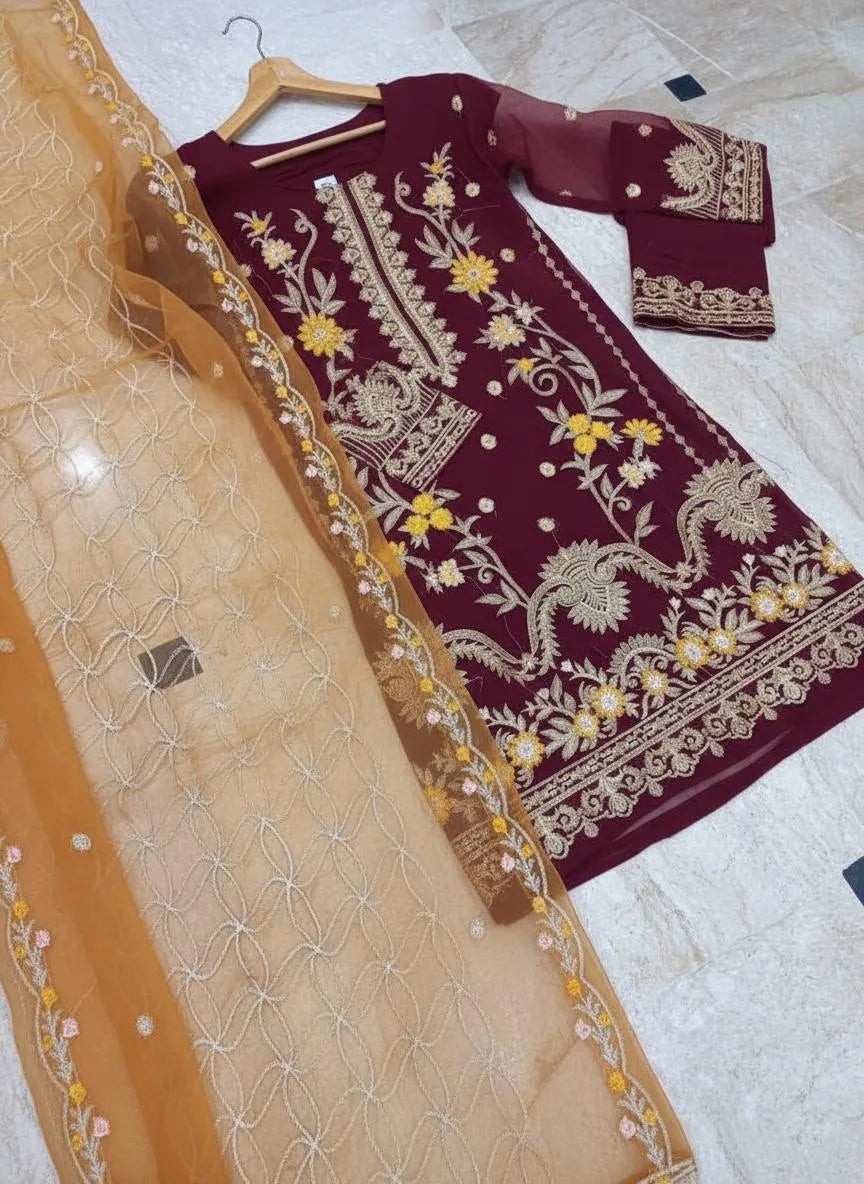 Women's embroidered stitched organza dress 3Pcs