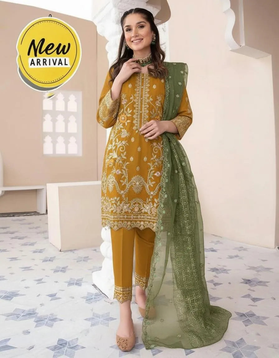 Women's embroidered stitched organza Dress 3Pcs