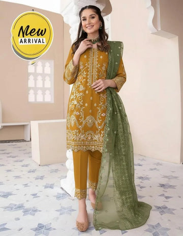 Women's embroidered stitched organza Dress 3Pcs