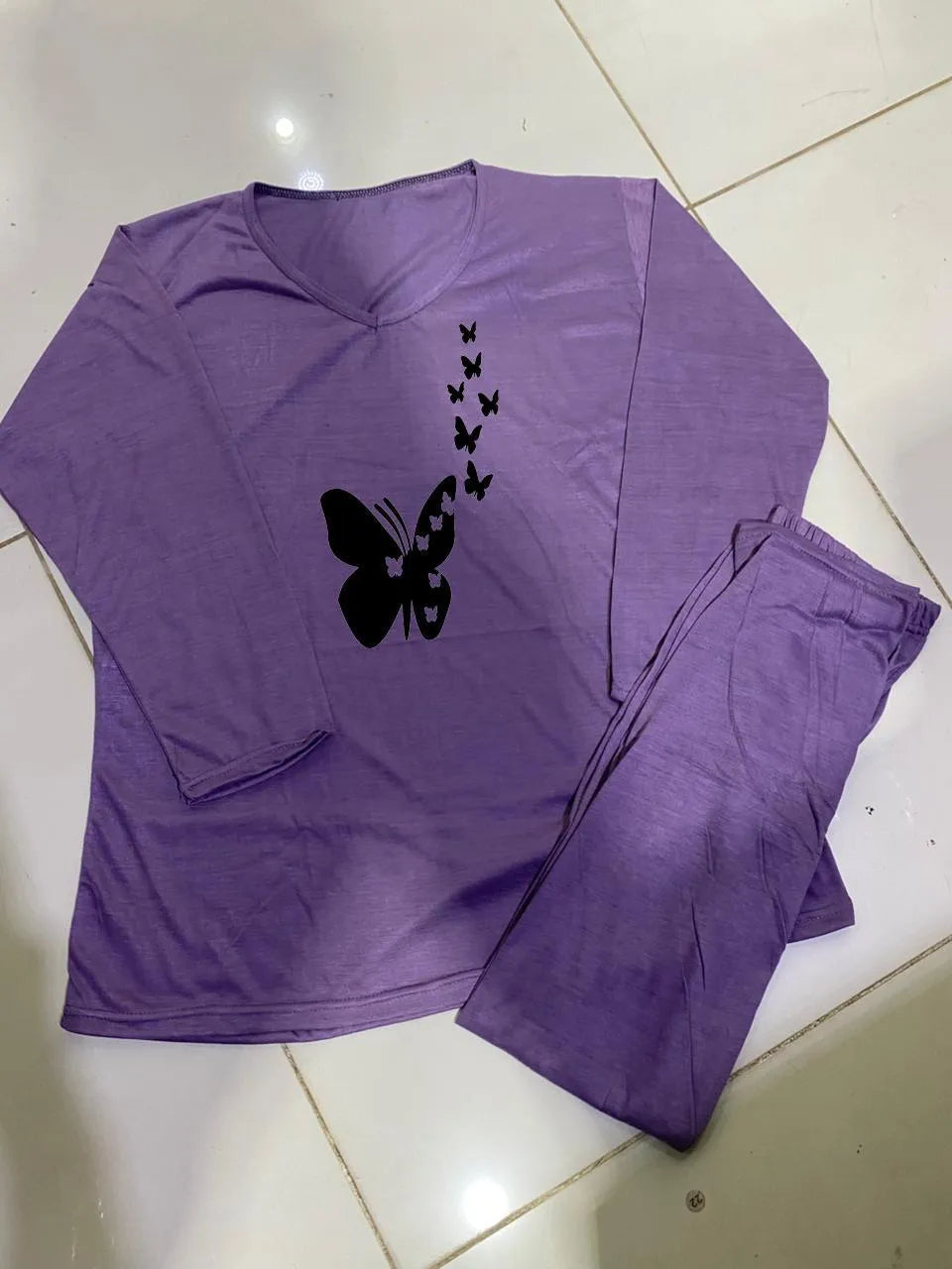 Women's cotton stitched purple night suit 2pcs