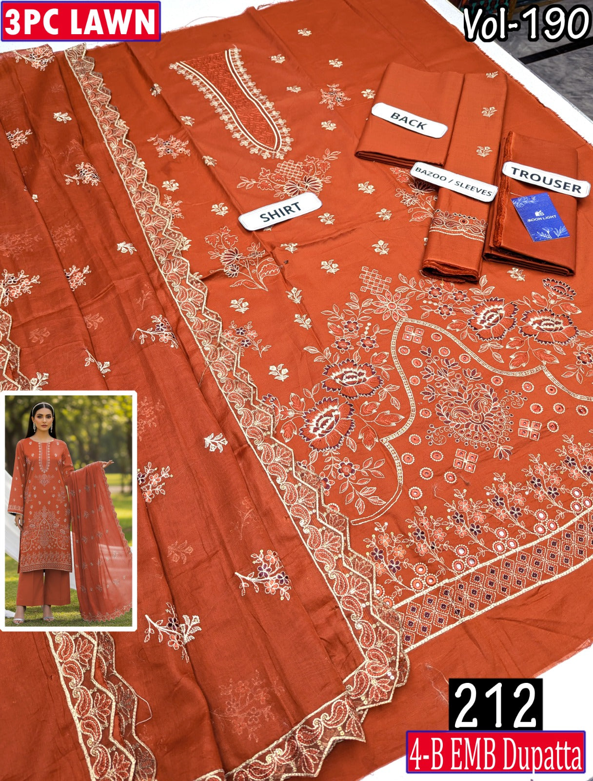 ESHAAL 3PC EMBR SEQUIN DAMAN WORK 4-BORDER LAWN DUPATTA