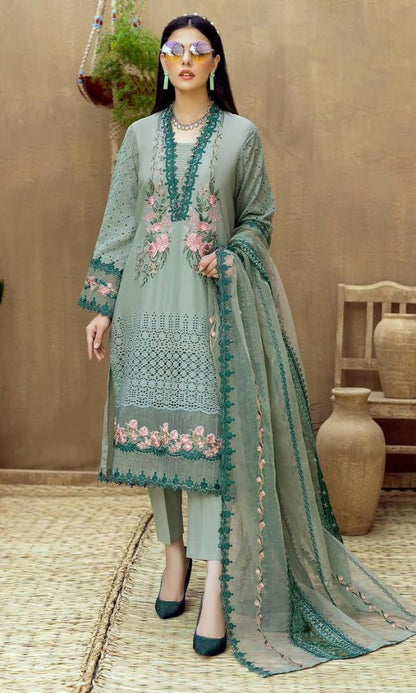 Premium dress featuring a front lawn print, complemented by an embroidered patch on the daman.