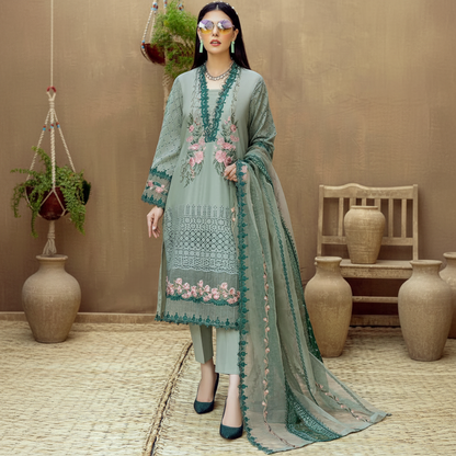 Premium dress featuring a front lawn print, complemented by an embroidered patch on the daman.