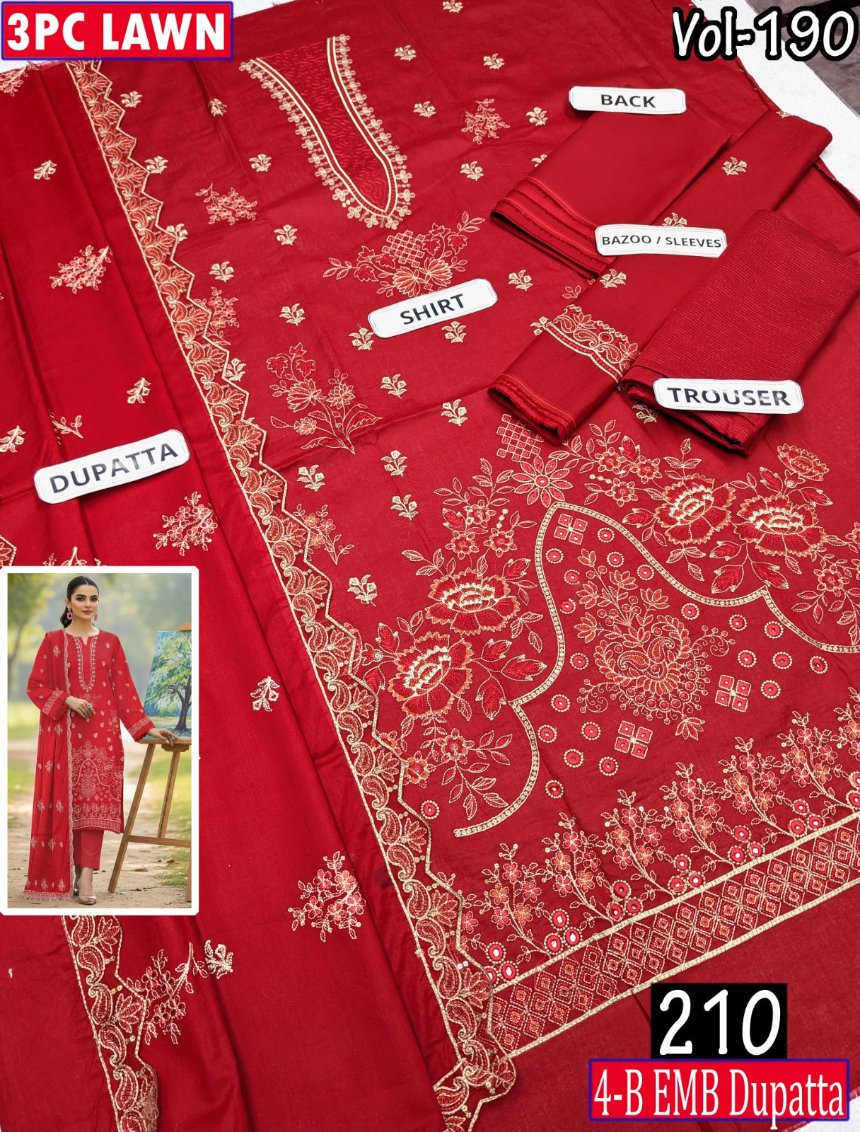 ESHAAL 3PC EMBR SEQUIN DAMAN WORK 4-BORDER LAWN DUPATTA