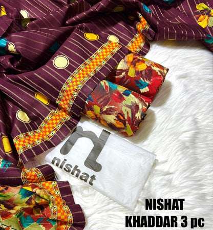 Ladies winter collection printed Karandi (Dupatta, shirt, trouser, 3Pcs)