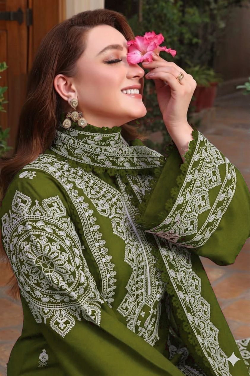 Aneela's  Embroidered lawn  3Pcs, vibrant olive colour