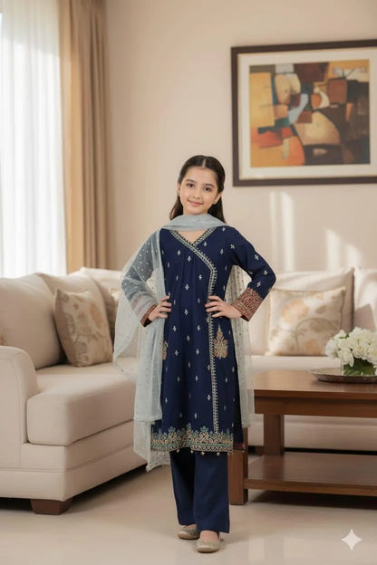 Blue lawn embroidered Girls suit 3pcs