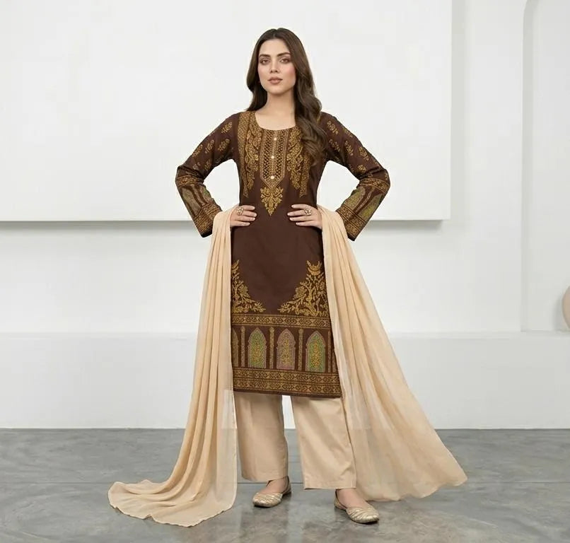 Arabic lawn, printed suit with chiffon dupatta brown block