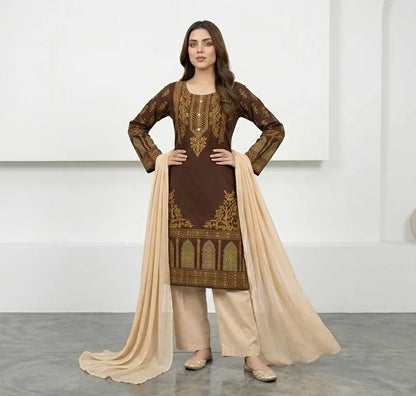 Arabic lawn, printed suit with chiffon dupatta brown block