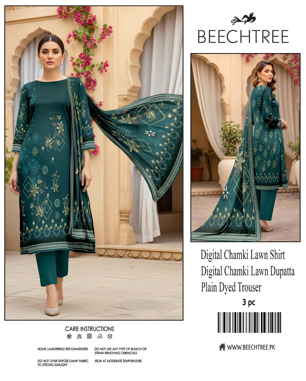 Beectree, Digital Printed Chamki Lawn Shirt With Chamki Lawn Dupata Plain Dyed Trouser