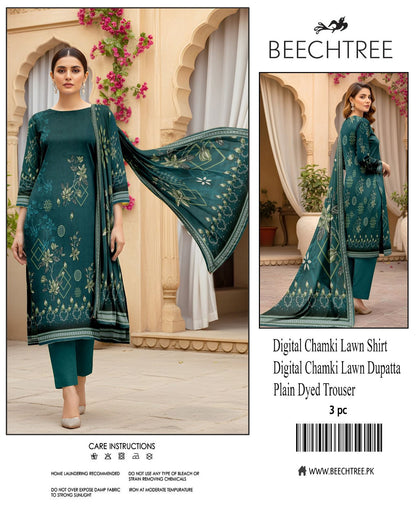 Beectree, Digital Printed Chamki Lawn Shirt With Chamki Lawn Dupata Plain Dyed Trouser