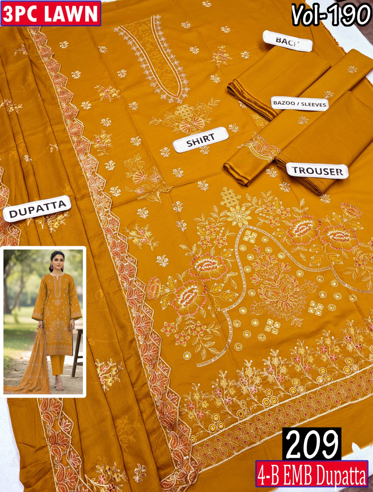 ESHAAL 3PC EMBR SEQUIN DAMAN WORK 4-BORDER LAWN DUPATTA