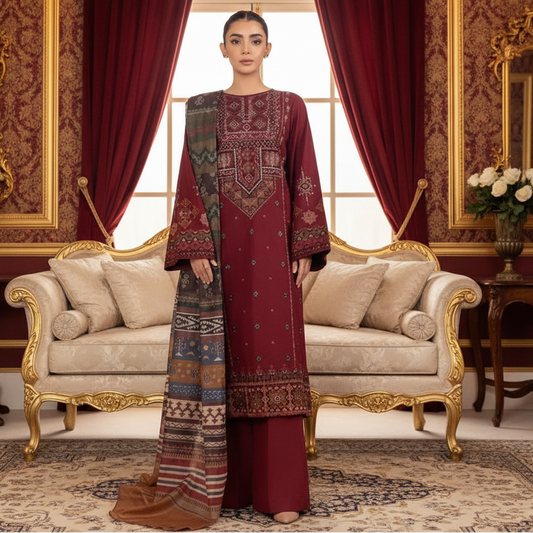 Women unstitched embroidered dress 3pcs
