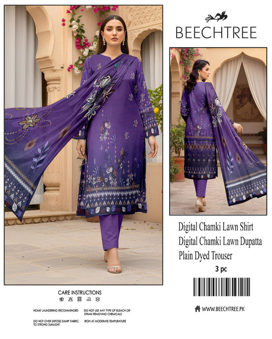 Beechtree, Digital Printed Chamki Lawn Shirt With Chamki Lawn Dupata Plain Dyed Trouser
