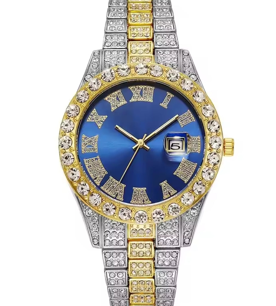 Men's classic steel strap, roman rhinestone calender