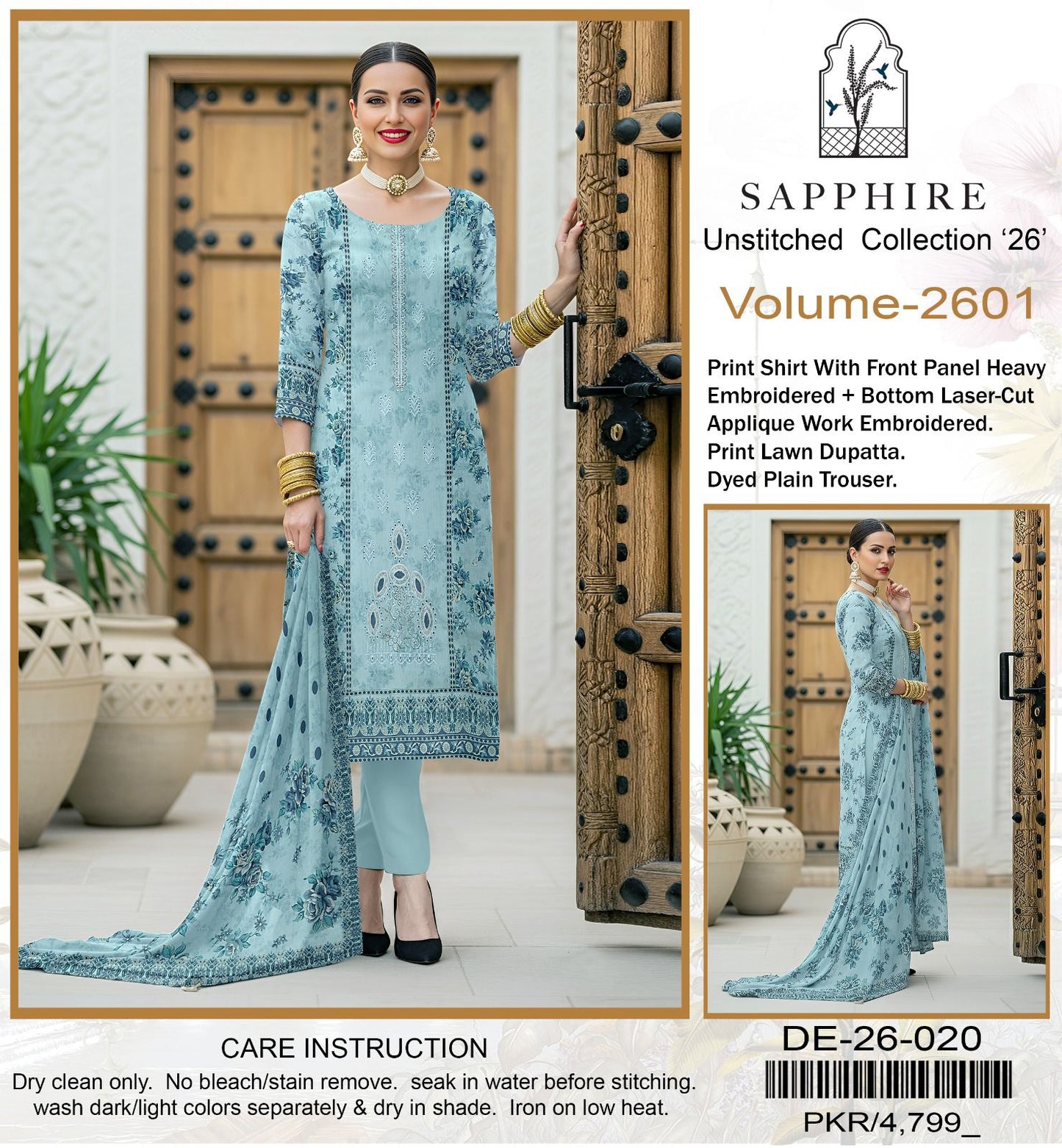 SUMMER COLLECTIONS Best Quality Pure Airjet lawn 90/70* Front Panel full Embroidered.
