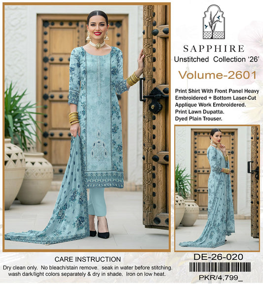 SUMMER COLLECTIONS Best Quality Pure Airjet lawn 90/70* Front Panel full Embroidered.