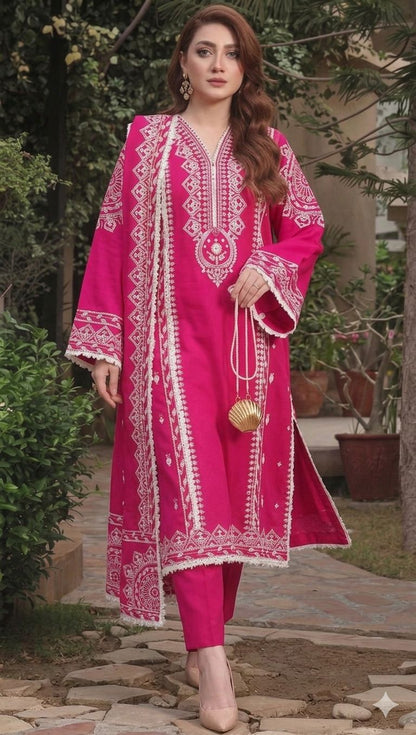 Aneela's Lawn 3-PCS Embroidered Vibrant Pink color