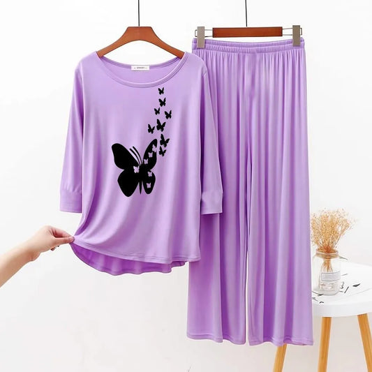 Women's cotton stitched purple night suit 2pcs