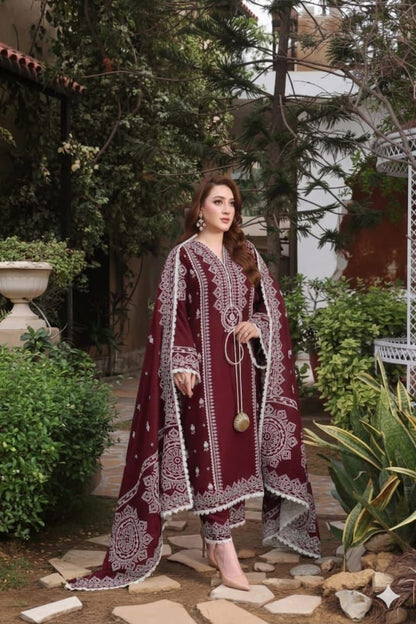 Aneela's Lawn 3-PCS Embroidered Mehroon Color
