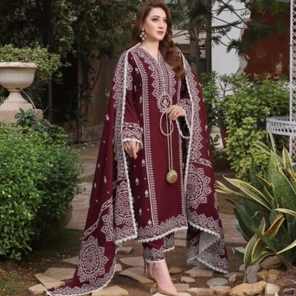 Aneela's Lawn 3-PCS Embroidered Mehroon Color