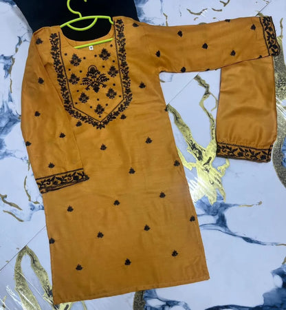 Yellow linen embroidered kurta shalwar 2 Pcs