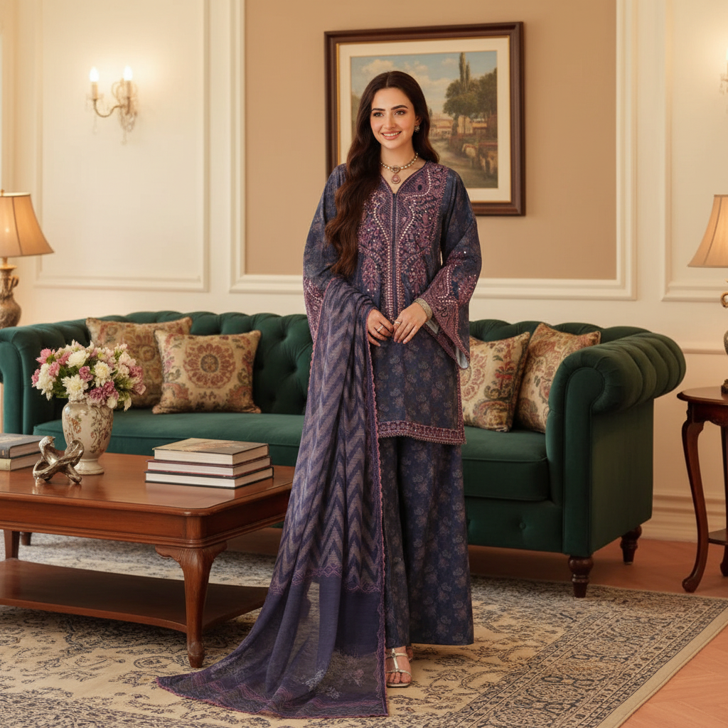 Moghani-printed lawn Suit with Chiffon embroidered Dupatta