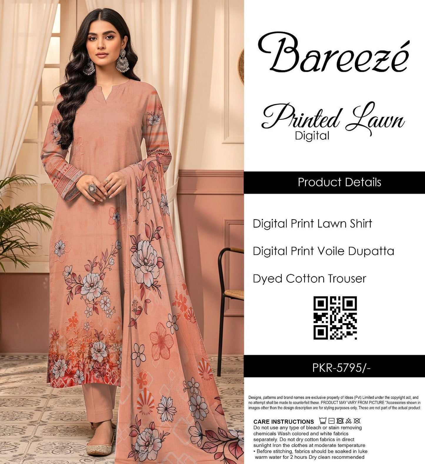 Bareezé printed lawn shirt, voille dupatta, dyed cotton trouser