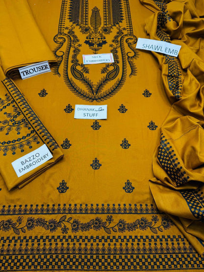 Dhanak 3pc embroidered with embroidered dhanak duppata.