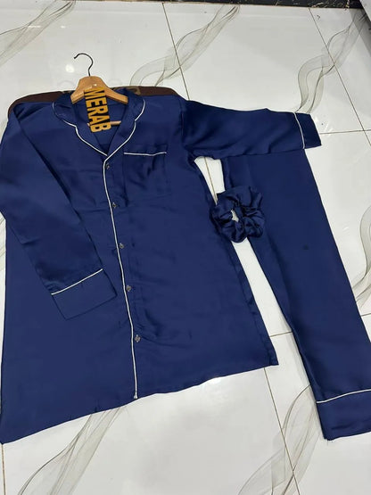 Navy blue color women's cotton stitched purple night suit 2pcs