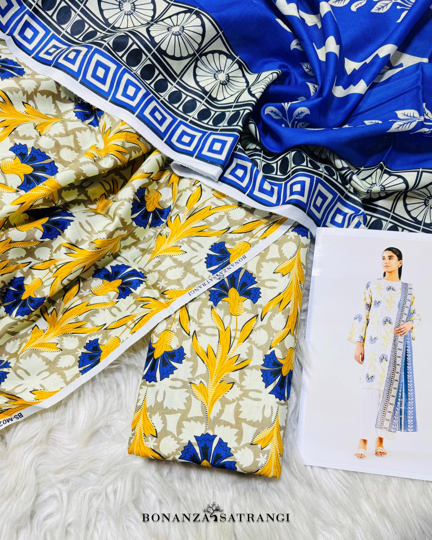 BONANZA SATRANGI*PREMIUM LAWN, PRINTED 90/70 Lawn Front,Back & Sleeves