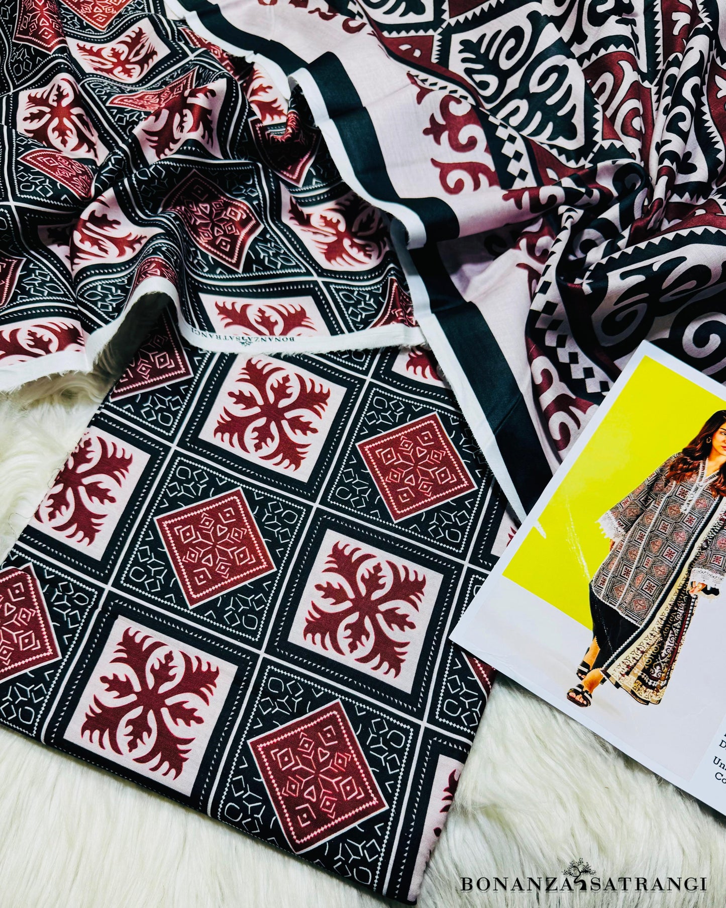 BONANZA SATRANGI*PREMIUM LAWN, PRINTED 90/70 Lawn Front,Back & Sleeves