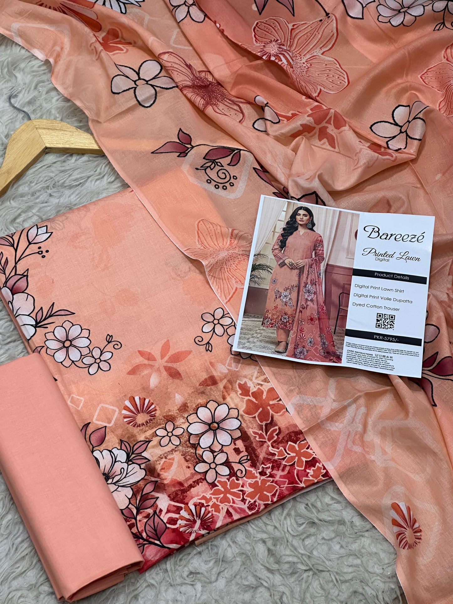 Bareezé printed lawn shirt, voille dupatta, dyed cotton trouser