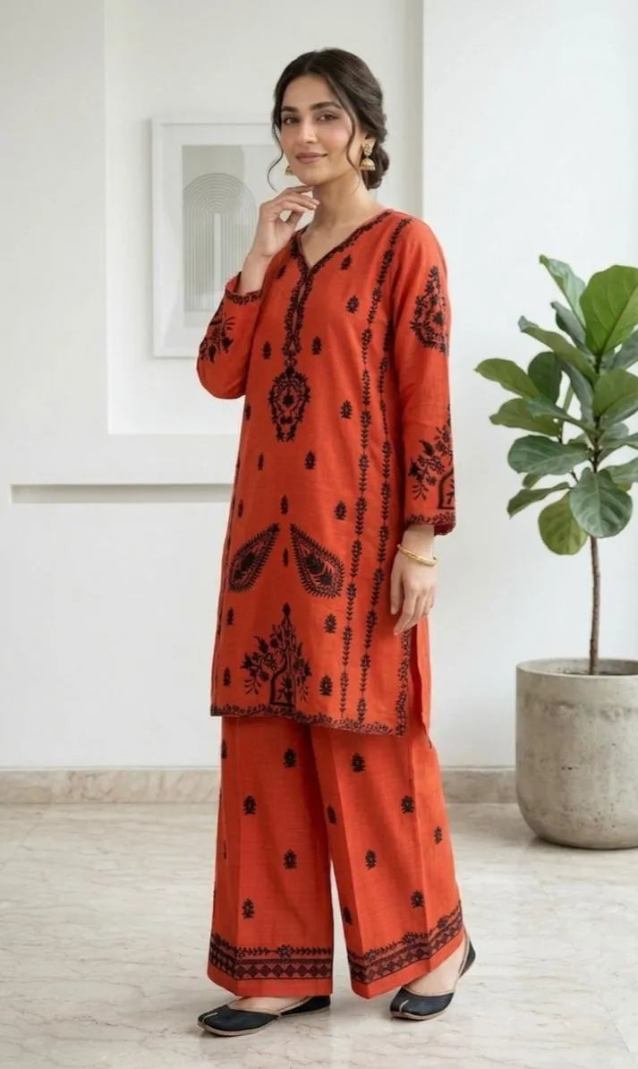 Cotton  Lawn, kurta set embroidered orange colour, 2pc