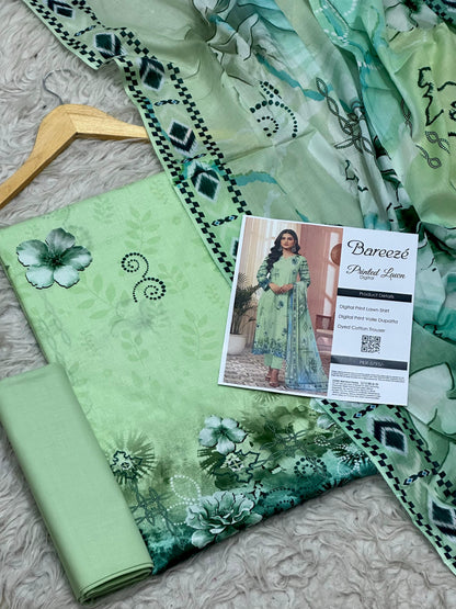 Bareezé printed lawn shirt, voille dupatta, dyed cotton trouser