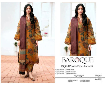 Ladies winter collection printed Karandi (Dupatta, shirt, trouser, 3Pcs)